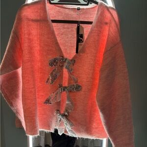 Chic Pink Cardigan with Silver Bow Details